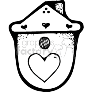 The clipart image depicts a birdhouse. The birdhouse has a simple, stylized look with a large heart-shaped decoration at its center which might indicate an entrance. Above the heart, there is a small circular hole, presumably for birds to enter. The roof of the birdhouse has a triangular shape with small heart decorations along the ridge. The birdhouse has outlines and shading that give it a hand-drawn appearance. This image could be used in various design contexts where themes of nature, home, or love are present.