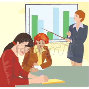 The clipart image depicts a business setting where a meeting or presentation is taking place. There are three individuals; two are sitting at a table taking notes, and the third person is standing while presenting. The standing individual is holding a pointer and gesturing towards a large bar chart on a screen or board, indicating a discussion about business performance, financial results, or data analysis. The chart has bars in different heights and colors, suggesting a comparison of different values or categories. The overall scene suggests a professional environment focused on business analysis and strategy.