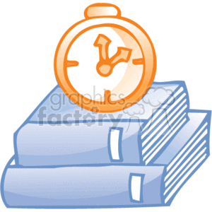 The clipart image shows a stack of books, likely representing office work or study materials, and an alarm clock placed on top, symbolizing the concept of time management or deadlines. It's a simple graphic typically used to convey themes related to business, scheduling, education, or time-sensitive tasks.
