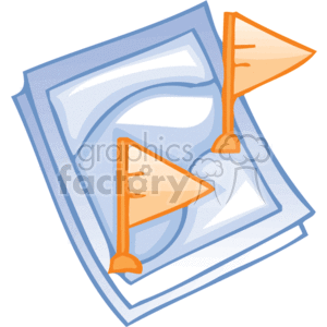This clipart image depicts a stack of papers with two orange flags, likely indicating places where someone needs to sign or take note. The papers could represent documents such as contracts, forms, or any business-related paperwork that requires attention or a signature. The flags are often used to draw attention to the specific area where action is needed. This kind of image is typical for representing office work, administrative tasks, contracts, or legal documents in a simplified, visual form.