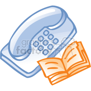 This clipart image features a desk telephone next to an open address book. The telephone is shown with the receiver off the base, indicating availability for a call. The address book is depicted with its pages open, suggesting it is ready for looking up contact information. Together, these items represent common office supplies associated with communication and maintaining contact lists in a business setting.