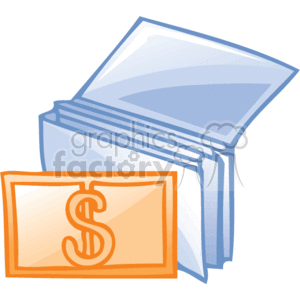 The clipart image depicts an open wallet with paper currency sticking out. There is also a money symbol on the front of the wallet, signifying its association with financial transactions. The wallet is commonly used to hold money and cards and is a staple item in many people's everyday carry, particularly for business or personal finance management. The dollar sign on the wallet emphasizes its function related to money storage and transactions.