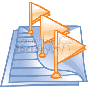 The clipart image shows a stylized depiction of stack of documents or folders, each with a flag pin marker, possibly indicating places that require attention or signatures. This could represent paperwork, contracts to be signed, or files that are being processed in a business or office setting. The flags might suggest sign here tabs commonly used in documents requiring a signature. The image conveys themes of organization, workflow, and the handling of official documents in a workplace environment.