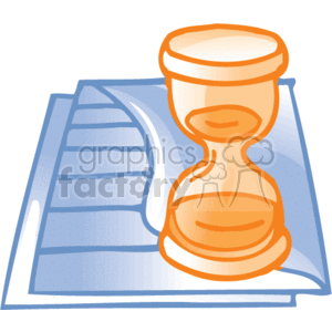 The clipart image shows a stylized hourglass on top of what appears to be a stack of documents or folders. These items are often associated with business or office work, illustrating concepts such as time management, deadlines, or the passage of time in a professional context. The documents indicate paperwork or administrative tasks, and the hourglass suggests the importance of tracking time or being mindful of schedules and deadlines in a business environment.