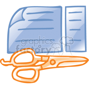 The clipart image depicts a pair of scissors next to a couple of documents, implying the action of cutting or editing paperwork which is commonly associated with business or office activities. The documents appear to be sheets of paper, possibly representing contracts, reports, or any form of official paperwork. The scissors are likely to symbolize alteration or termination of an agreement, or the need for paper trimming which is a typical task in office settings.