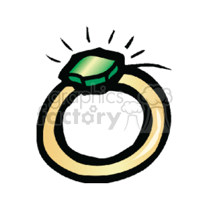 The clipart image displays a ring with a gold band and a prominent emerald stone set in the center. The emerald is faceted and has a sparkle to indicate its shine.