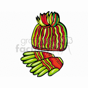 Red and green striped  winter hat and gloves
