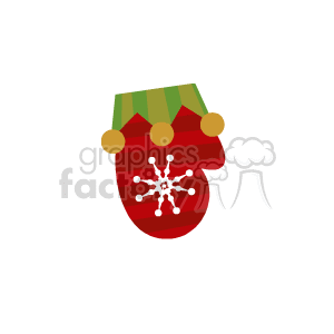 The clipart image features a red winter mitten with a white snowflake design on the palm and green accents at the cuff, decorated with three round bells.