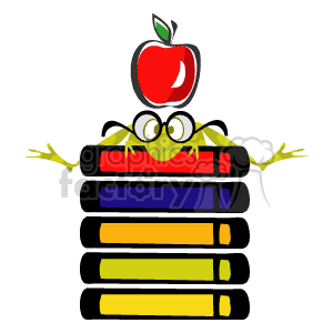 The image is a cartoon-style clipart that features a green frog with glasses. The frog is peeking out from behind a stack of colorful textbooks. On top of the textbooks, there's a red apple. The image radiates a playful and educational theme, often used to represent learning, teaching, and back-to-school concepts.
