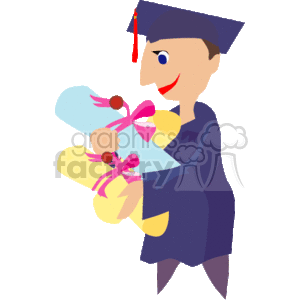 This clipart image features a cartoon of a person celebrating graduation. The character is wearing a blue graduation cap (mortarboard) with a red tassel and a matching blue graduation gown. The individual is happily holding two diplomas tied with red ribbons, which are symbolic of academic achievement. The character's smile and posture suggests a sense of accomplishment and joy associated with graduation.