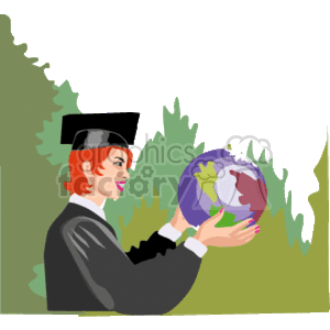 The clipart image features a person wearing a graduation cap and gown holding a globe. This individual appears to be happy, possibly symbolizing a bright future or opportunities worldwide after graduation.