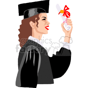 The clipart image features a side profile of a jubilant young woman in graduation attire. She is wearing a black cap and gown and is holding a diploma adorned with a red ribbon, signifying her academic achievement.