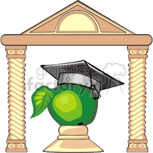 The clipart image features an illustration of a classic Greek or Roman columned structure that symbolizes an academic institution, with a green apple wearing a graduation cap in front. The apple with the graduation cap represents the attainment of education, while the structure symbolizes the establishment of learning, such as a school, college, or university.