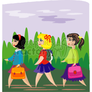 The clipart image depicts three young girls walking side by side. Each girl is carrying a bag and they are walking on a path with grass and bushes in the background, under a sky with clouds. 