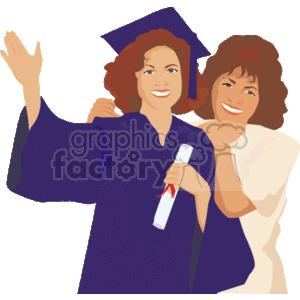 The clipart image shows two individuals, possibly depicting a moment of graduation celebration. One person is clad in a traditional graduation gown and cap in blue with a tassel, indicative of having completed an academic program. This individual is holding a diploma and is waving happily, signifying joy and achievement. The other person, who appears to be a woman, is embracing the graduate from behind, suggesting a relationship of close support, such as a mother being proud of her child's accomplishment. Both are smiling, adding to the overall joyful mood of the occasion.