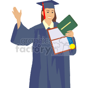 The clipart image shows a happy graduate in a cap and gown, holding a diploma with a ribbon seal, and waving. The graduate is wearing traditional graduation attire, including a mortarboard with a tassel.