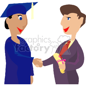 The image depicts a graduation scenario where one person, dressed in a graduation cap and gown, is shaking hands with another person dressed in business attire. The person dressed for graduation is holding a diploma tied with a ribbon, symbolizing the completion of an educational program.