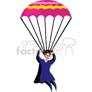 This clipart image depicts a joyous individual wearing a graduation cap and gown, soaring with a parachute. The parachute has a pink and yellow canopy, and the graduate appears to be holding onto the handles with excitement. This may symbolize a successful educational achievement and the start of a new chapter in life, like taking the leap into a new future after graduation.