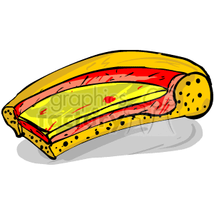 This clipart image depicts a stylized cartoon of a yellow pizza slice with what appear to be red sauce and green toppings, possibly representing herbs or vegetables, on the top. The crust is shown as brown with speckles, indicating a baked texture.