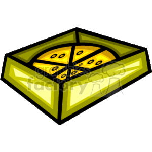 The clipart image displays a stylized cartoon of a pizza within a square green pizza box. The pizza appears sliced into six pieces.