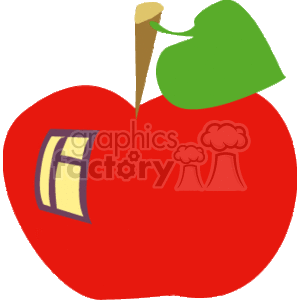 The clipart image shows a red apple with a stylized window on one side, giving the impression that the apple is also a house or home. The apple has a brown stem and a green leaf attached to the top.