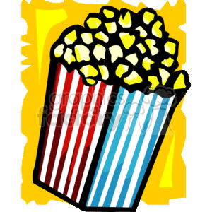 The clipart image features a classic overflowing box of popcorn. The popcorn box is illustrated with red and blue vertical stripes, and the popcorn is depicted as fluffy and yellow, suggesting it is buttered.