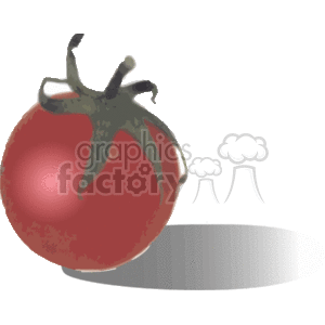 The clipart image depicts a single, ripe red tomato with a green stem and a noticeable shadow beneath it, suggesting it is resting on a surface.