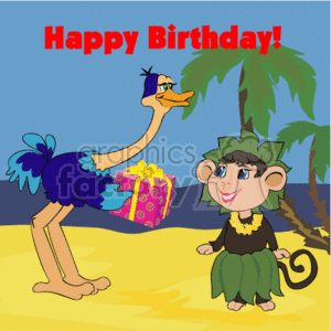The clipart image features a colorful scene with a cheerful bird holding a gift and presenting it to a smiling monkey. The monkey is dressed in what seems like a party outfit. They are on a beach, with palm trees in the background, suggesting a tropical setting. Above them, the text reads Happy Birthday, indicating that this is a birthday celebration.