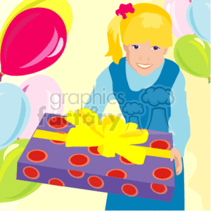The clipart image depicts a young girl holding a gift wrapped with a large yellow bow. In the background, there are colorful balloons, suggesting a festive atmosphere typically associated with a birthday, party, or celebration.