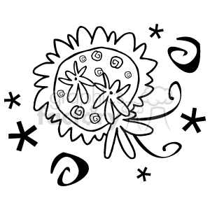 The image appears to be a simple black and white line drawing of a flower with some decorative elements around it. There are swirls, star-like shapes, and perhaps some confetti-like items depicted in a scattered, playful pattern around the central flower.