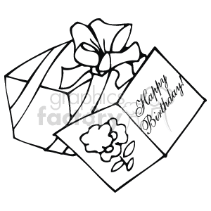 This clipart image features a wrapped gift with a ribbon on top and a gift tag attached to it. The gift tag has the text Happy Birthday written on it, and beside the gift is a greeting card adorned with a floral design.