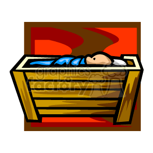 The clipart image depicts a stylized, simplified representation of Baby Jesus sleeping in a manger. The baby appears peaceful and is wrapped in swaddling clothes. The manger is shown as a wooden crib, and the background suggests warmth with its warm colors, perhaps evoking a cozy, calm atmosphere typical for holiday imagery.
