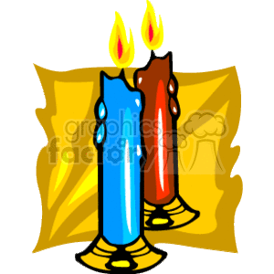 The clipart image displays two candles, one blue and one red, with glowing flames at the top. Both candles are placed in front of a yellowish background that could be interpreted as a dim light or glow. The image is a simplified and stylized representation typical of holiday-themed decorations.