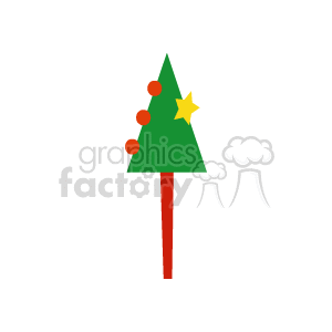 The image is a simplified representation of a decorated Christmas tree with a star on top and several red ornaments. The tree has a green triangular shape and is mounted on a red stand.