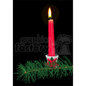 The clipart image depicts a glowing red candle with a lit wick, set in a candle holder, surrounded by pine tree branches, likely symbolizing festive holiday decoration.