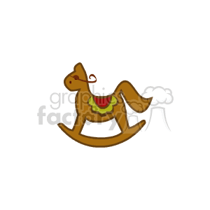 This clipart image features a brown rocking horse adorned with a red and green saddle. The rocking horse is a traditional toy commonly associated with Christmas gifts for children. 