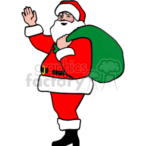 The clipart image shows a cheerful Santa Claus dressed in his traditional red and white suit, waving his hand. He has a full white beard and is wearing a red hat with white trim and a pompom. Santa is carrying a green sack over his shoulder, likely filled with gifts. His expression is jolly, and he appears to be in a festive mood, ready to deliver presents for Christmas.