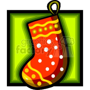 The clipart image depicts a red and yellow Christmas stocking with white polka dots, trimmed in yellow with a loop for hanging. The stocking is in front of a green, framed background.