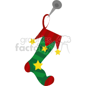 The clipart image features a festive Christmas stocking adorned with yellow stars. The stocking is green with red panels and hung from a silver pushpin, suggesting that it is hanging on a wall as a holiday decoration. 