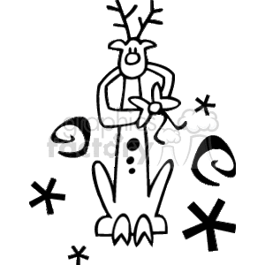 This clipart image features a cartoon-style reindeer standing on its hind legs amidst a backdrop of snowflakes and swirls. The reindeer appears cheerful, holding a star, and has the characteristic antlers, hooves, and a tail.