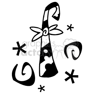 Black and White candy cane with a bow on it also swirls and stars