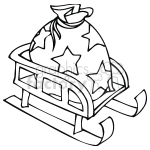 The clipart image depicts a sack with stars on it, placed on a sleigh. The sack is presumably full, tied at the top, and resting on a classic-style sled with runners.