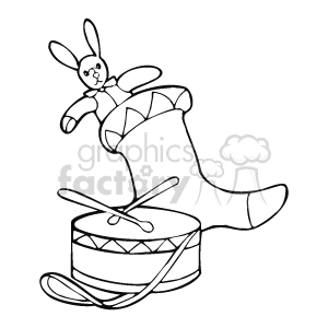 This clipart image features a Christmas stocking with a toy bunny peeking out from the top, alongside a drum next to it, with a pair of drumsticks laid across its top.