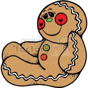 This clipart image features a country-style gingerbread man cookie. The cookie is depicted with a happy facial expression, including eyes, eyebrows, a red nose, and a red smiling mouth. It has decorations that resemble rosy cheeks and buttons, consisting of red and green details, which gives it a festive Christmas or Xmas vibe. The gingerbread man has brown coloration typical of baked goods, with darker brown outlines and white icing details on its limbs and around the edges.