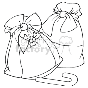 The clipart image contains two Christmas gift bags tied with ribbons at the top and decorated with bows. The front bag also has a holly leaf and berry decoration on it. Alongside the bags is a candy cane.