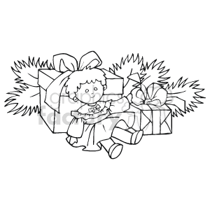 The clipart image shows a doll surrounded by wrapped gift boxes, possibly for Christmas. The gifts have ribbons on them, and there are festive decorations around. The doll appears to be sitting with a bow or ribbon on its head, which contributes to the holiday theme.