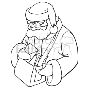 This black and white clipart image depicts Santa Claus holding and looking through a stack of letters. Santa is dressed in his characteristic outfit with a hat and beard, suggesting he is going through children's wish lists or letters sent to the North Pole for Christmas.