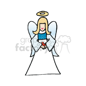 The clipart image shows a stylized angel commonly associated with Christmas decorations. The angel is depicted with blue wings, a white gown, a yellow halo above its head, and is holding a red bird