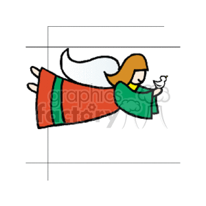The clipart image shows a stylized depiction of an angel in a flowing red and green robe with white wings, holding a small white dove in their hands. The angel is designed with simple lines and minimal detail, with an emphasis on the traditional Christmas color scheme. 