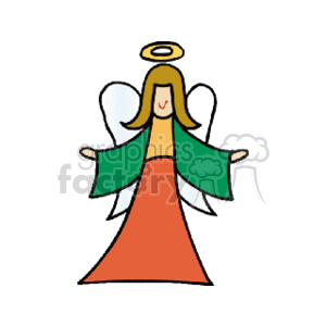 The clipart image depicts a stylized angel associated with the Christmas holidays. The angel has a simplistic design with a red robe, green wings, and a halo above its head. It appears to be smiling and has its arms extended outward.